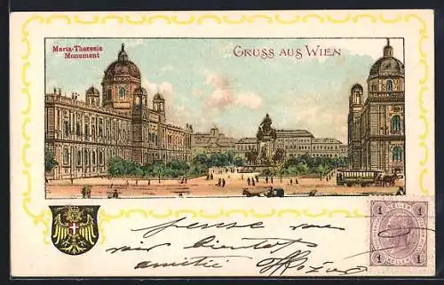 AK Wien I, Maria-Theresia Monument, Pferdebahn
