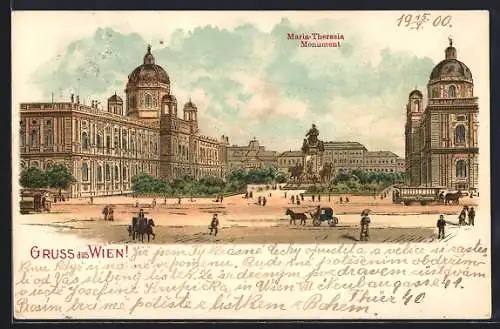 Lithographie Wien, Maria Theresien Platz mit Pferdekutsche