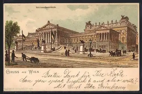 Lithographie Wien, Reichsrathsgebäude mit Kutschen und Passanten