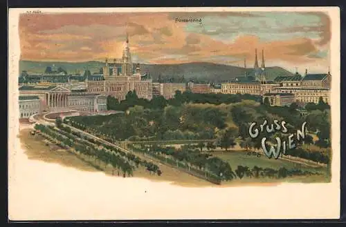 Lithographie Wien, Parlament am Franzensring aus der Vogelschau