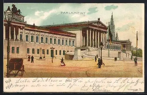 Lithographie Wien, Parlament mit Leuten