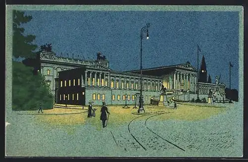 Lithographie Wien, Parlamentsgebäude beleuchtet mit Vertexlampen