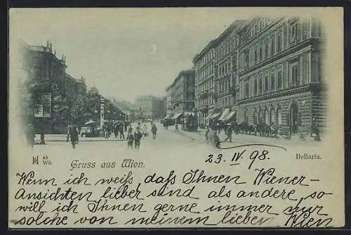 Mondschein-AK Wien, Bellaria mit Geschäften und Passanten