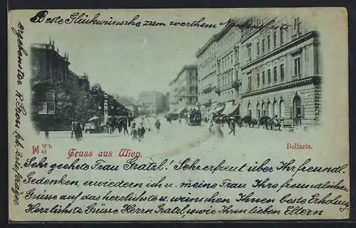 Mondschein-AK Wien, Bellaria mit Strassenbahn und Geschäften