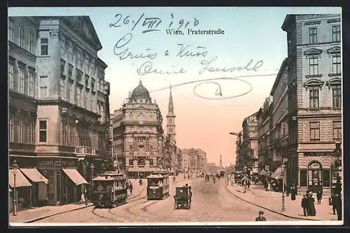 AK Wien II, Praterstrasse, Geschäfte, Strassenbahn