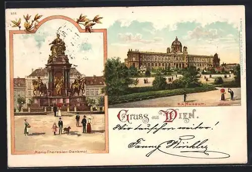 Lithographie Wien, Maria-Theresien-Denkmal, k.k. Museum