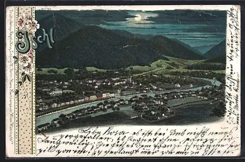 Lithographie Ischl, Ort und Umgebung im Mondschein