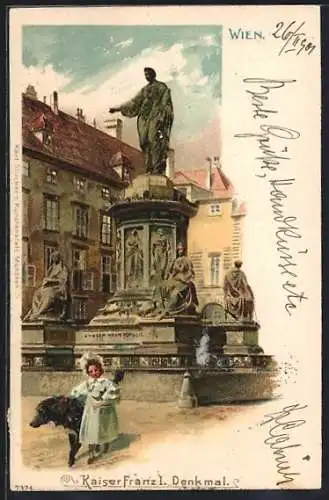 Lithographie Wien, Hofburg, Kind mit Hund am Kaiser Franz I. Denkmal