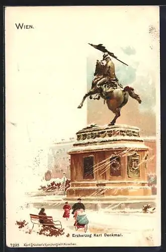Lithographie Wien, Erzherzog Karl-Denkmal im Winter