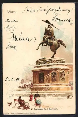 Lithographie Wien, Erzherzog Karl-Denkmal im Schnee mit Passanten