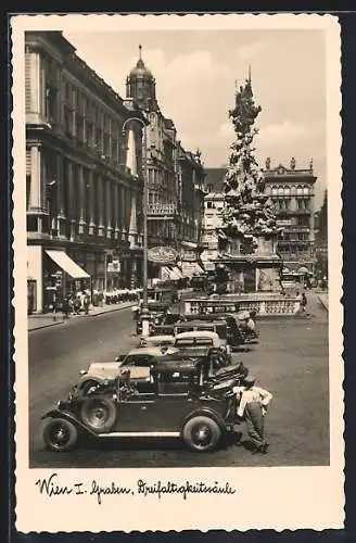 AK Wien, Graben mit Dreifaltigkeitssäule, Autos und Spielwarengeschäft