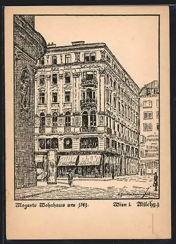 Künstler-AK Wien, Milchgasse, Mozarts Wohnhaus um 1781