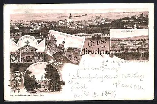 Lithographie Bruck a. Leitha, Schloss Harrach, Lager-Hauptwache, Kirchengasse, Lager-Baracken, Gesamtansicht um 1900