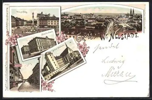 Lithographie Wiener Neustadt, Hauptplatz, Realschule, Militär Akademie