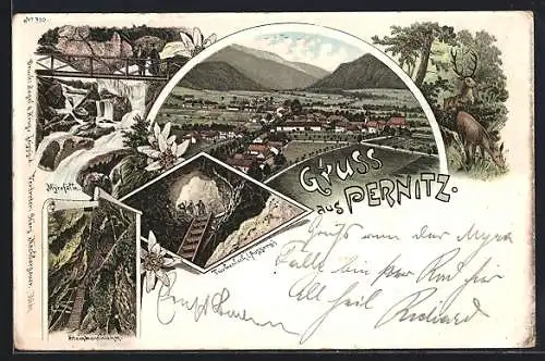 Lithographie Pernitz, Myrafälle, Steinwandklamm, Ausgang des Türkenlochs