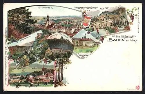 Lithographie Baden bei Wien, Helenethal, Curhaus, Heiligenkreuz