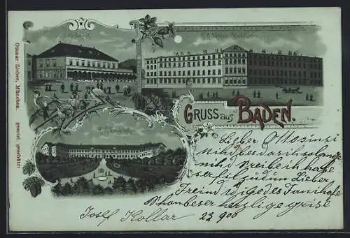 Mondschein-Lithographie Baden, Cafe Schopf, K. K. Sauerhof, K. K. Militär-Badehaus