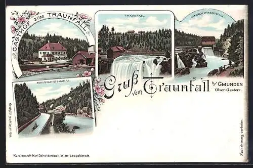 Lithographie Roitham am Traunfall, Gasthof zum Traunfall, Oberer Wasserfall, Schifffahrtskanal