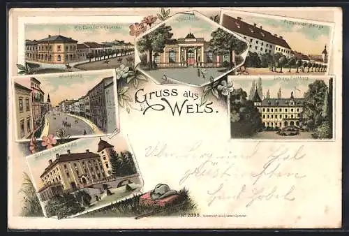 Lithographie Wels, Strassenpartie am Stadtplatz, Kavallerie-Kaserne, Schloss Puchberg