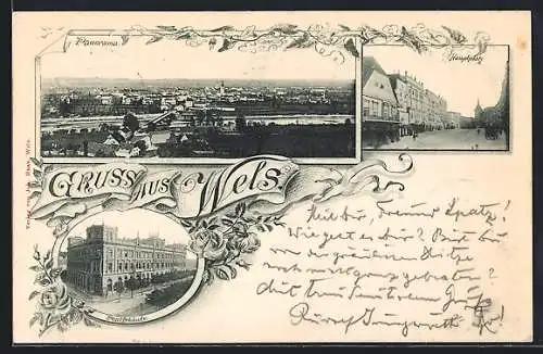 AK Wels, Panorama, Hauptplatz, Postgebäude