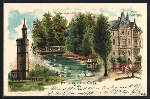 Lithographie Wels, Villa Haslinger, Aussichtsturm Marienwarte, Volksgarten