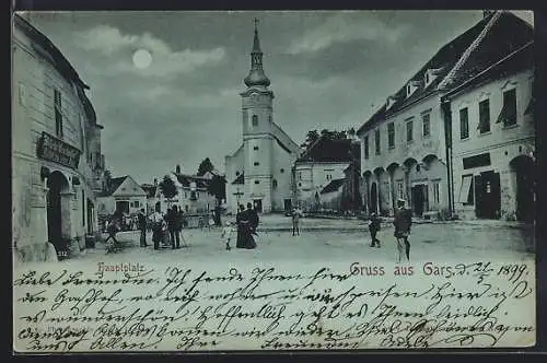 Mondschein-AK Gars, Hauptplatz mit Bruckmüllers Gasthof zum weissen Rössl