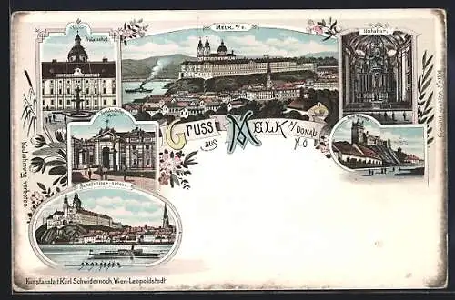 Lithographie Melk a. Donau, Prälatenhof, Benedictiner-Abtei, Hochaltar