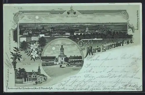 Mondschein-Lithographie Maria Enzersdorf /N.-Ö., Villa Tirka, Wallfahrtskirche mit Franziskaner-Kloster