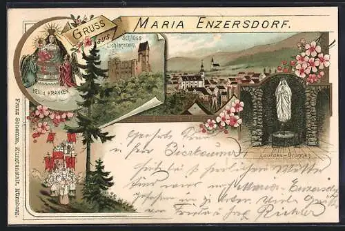 Lithographie Maria Enzersdorf, Heil d. Kranken, Schloss Lichtenstein, Lourdes-Brunnen