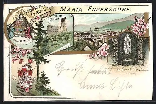 Lithographie Maria Enzersdorf, Lourdes-Brunnen, Schloss Lichtenstein, Heil d. Kranken