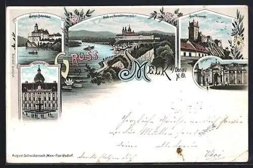 Lithographie Melk, Ortsansicht mit Benediktinerstift, Ruine Weitenegg