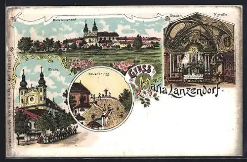 Lithographie Maria Lanzendorf, Ortsansicht, Gnaden-Kapelle, Kirche, Kalvarienberg