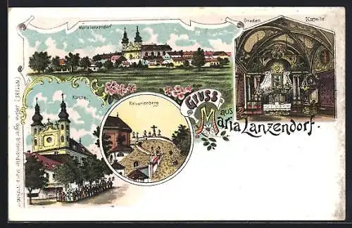 Lithographie Maria Lanzendorf, Ortsansicht, Gnaden-Kapelle, Kirche, Kalvarienberg