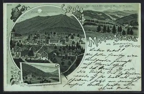 Mondschein-Lithographie Maria Schutz am Semmering, Kirche, Ortsansicht mit Sonnwendstein, Panorama mit Schneeberg