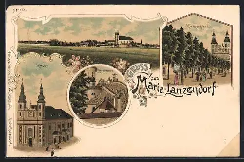 Lithographie Maria-Lanzendorf, Kirche, Calvarienberg, Kirchenplatz