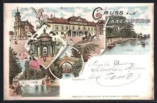 Lithographie Laxenburg, Kirche, Gasthaus Blauer Hof, Grünes Lusthaus, Wasserfall