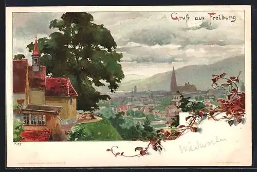 Künstler-AK Heinrich Kley: Nr. 57 Freiburg, Panorama mit Kirche