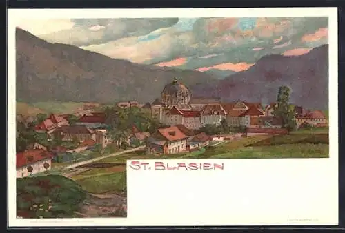 Künstler-AK Karl Mutter: St. Blasien, Panoramablick auf die Ortschaft