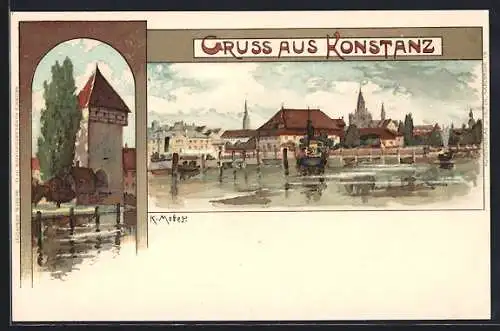 Künstler-Lithographie K. Mutter: Konstanz, Ortsansicht vom Bodensee aus, Wehrturm