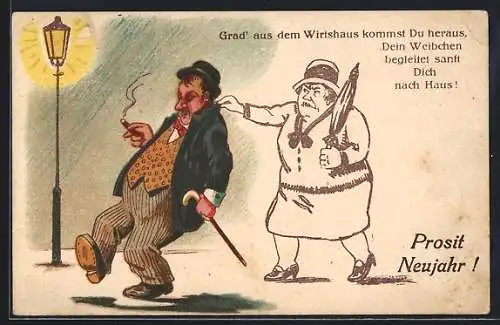 Künstler-AK Trinkerhumor, betrunkener Mann wird von seiner Frau am Kragen gepackt