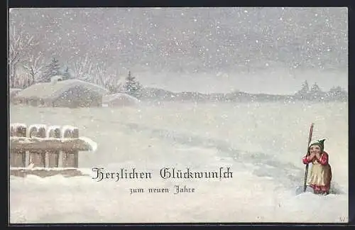 AK Zwerg in Winterlandschaft bei Schnee, Neujahrsgruss