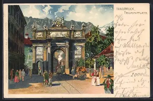 Künstler-Lithographie Carl Schmidt: Innsbruck, Blick durch die Triumphpforte