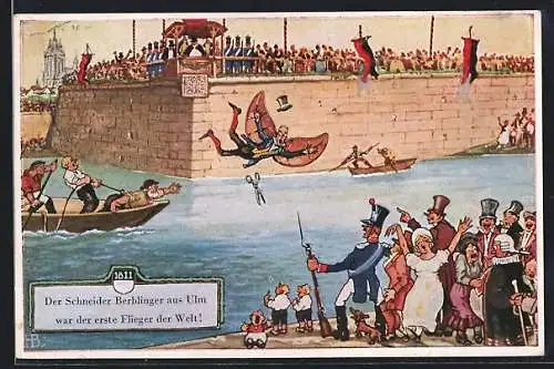 Künstler-AK Ulm / Donau, Schneider Berblinger probiert das Fliegen
