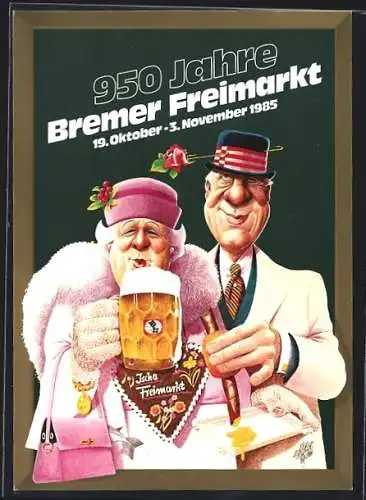 AK Bremen, 950 Jahre Bremer Freimarkt, 19.10.-03.11.1985, Hanseatin mit Fisch in der Handtasche