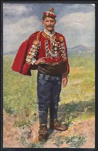 AK Mann in kroatischer Tracht mit roter Jacke