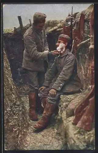 AK Der Barbier im Schützengraben, Soldat bei der Rasur