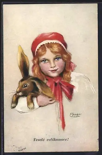 AK Mädchen mit Haube hält Hase im Arm