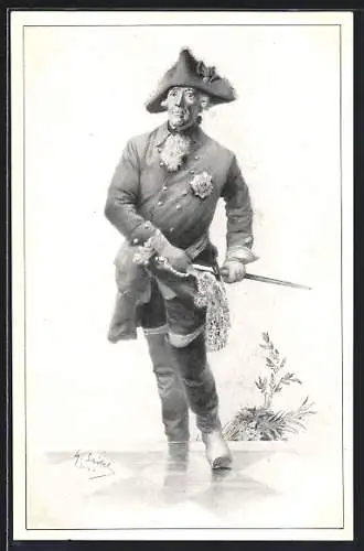 AK König Friedrich II. (der Grosse) in Uniform mit Schwert