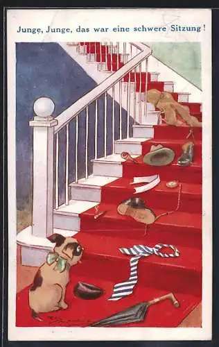 Künstler-AK Maurice: Hund blickt auf eine Treppe voller Kleidungsstücke