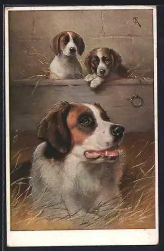 Künstler-AK Carl Reichert: Hund mit Welpen im Stall